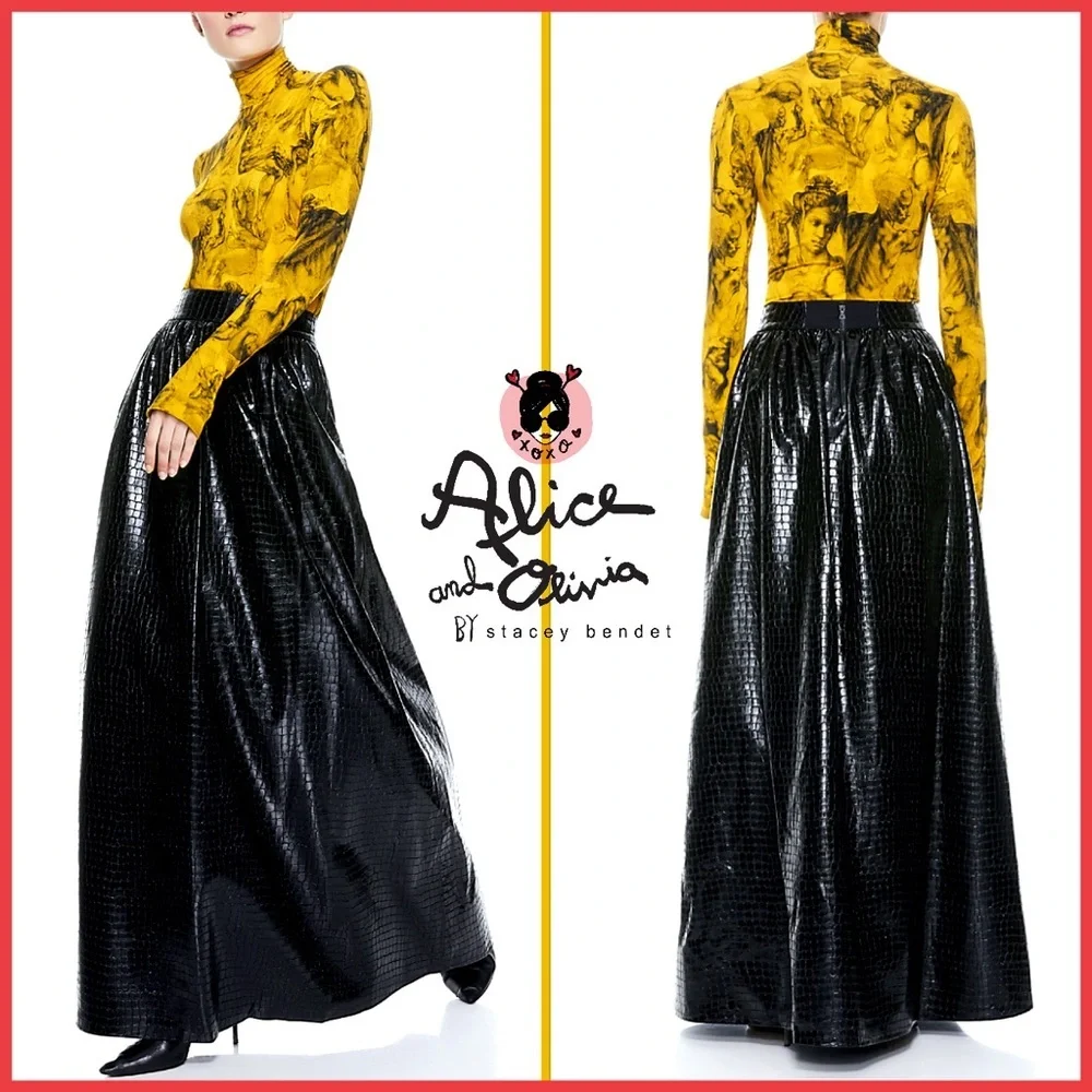 Alice + Olivia Tina Vegan Leather Gorgeous Black Ball Gown Maxi Skirt
